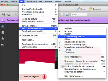 Ver Barra de Herramientas Comentario y Marca